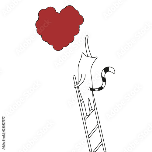 Simple Cat on stepladder isolated transparent background. Cat and red Heart for Valentine's Day greeting design template. Perfect vector illustration for t-shirt print poster card cover. EPS 10