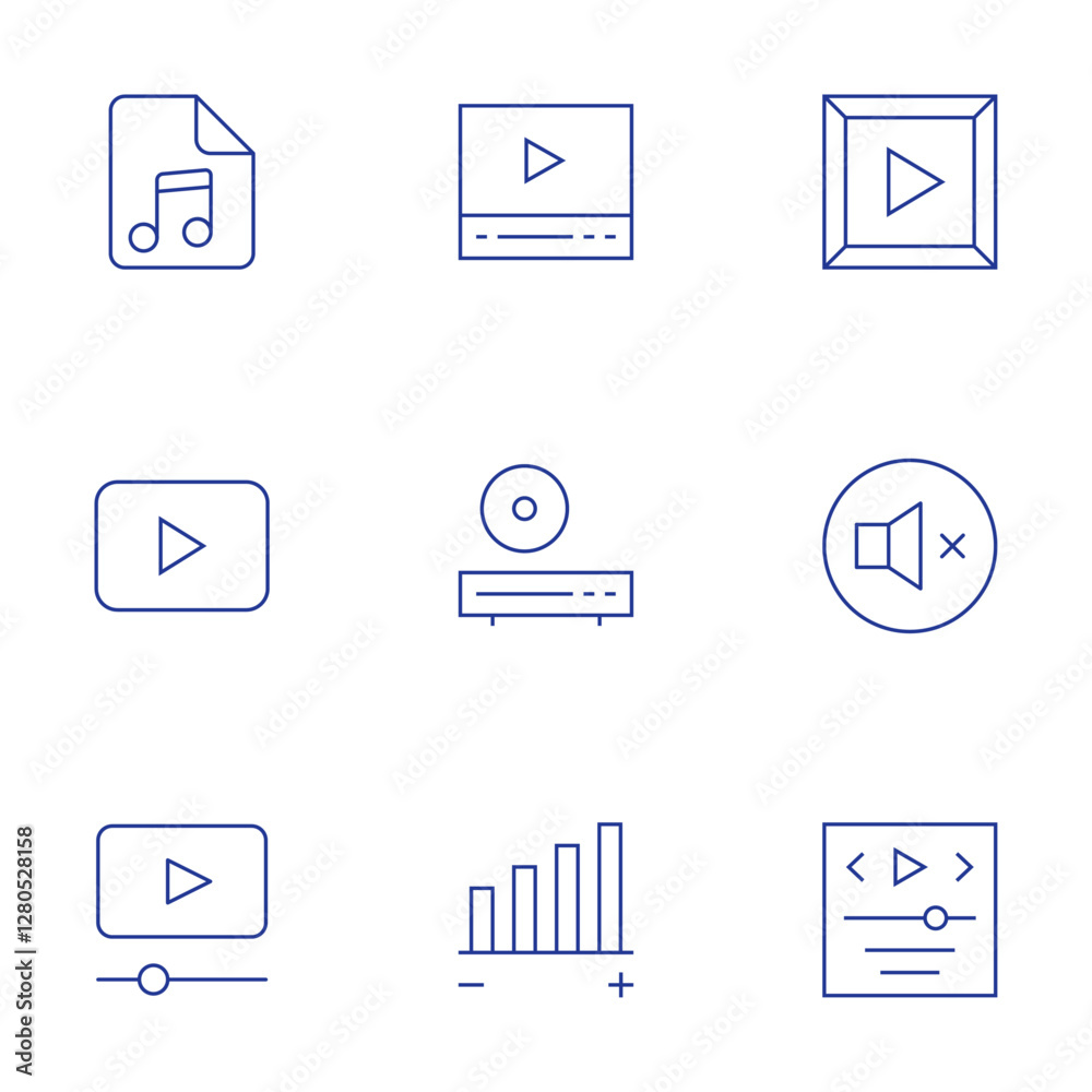 Multimedia icons set. Thin Line style, editable stroke. player, dvd player, play button, volume, video player, mute, video, music sheet Multimedia icons set. Thin Line style, editable stroke. player, dvd player, play button, volume, video player, mute, video, music sheet