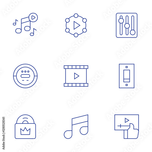 Multimedia icons set. Thin Line style, editable stroke. setup, switch, video, music and multimedia, network, multimedia, live, cd player, vinyl