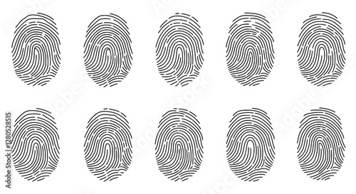 Fingerprint Patterns: Detailed close-up view of ten distinct fingerprint patterns, each showcasing unique ridges and whorls, representing individual identity and forensic science.