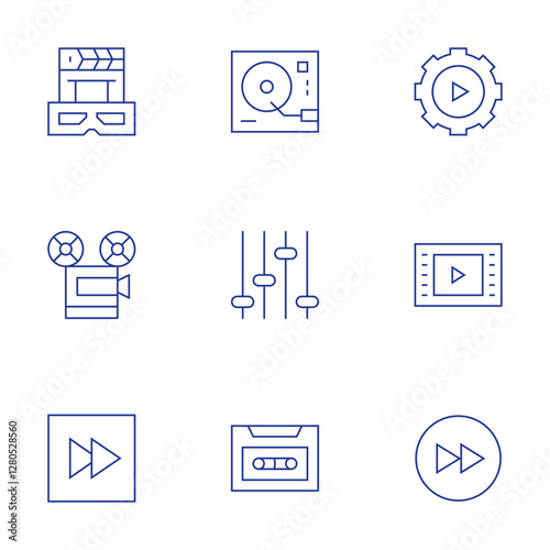 Multimedia icons set. Thin Line style, editable stroke. turntable, equalizer, cassette tape, d glasses, projector, forward, settings, video player