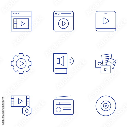 Multimedia icons set. Thin Line style, editable stroke. video, settings, music and multimedia, social media, play, audio book, radio