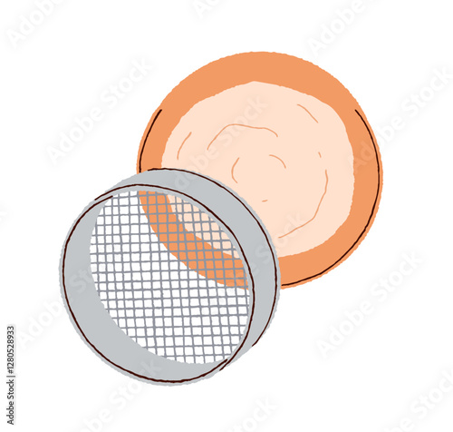 Sieve with sifted flour powder. Baking and cooking utensil, tool for bakery p...