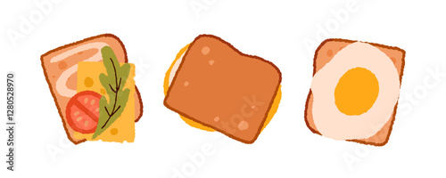 Toasts, sandwich with fried egg, arugula, fresh tomato vegetable, cheese slice, sauce. Breakfast snack, vegetarian food. Morning meal set. Flat vector illustration isolated on white background