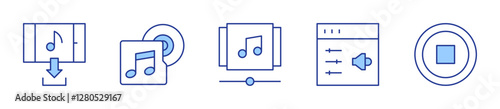 playlist, settings, download, music album, stop. Multimedia Icon vector illustration. Line Duotone style. Editable stroke