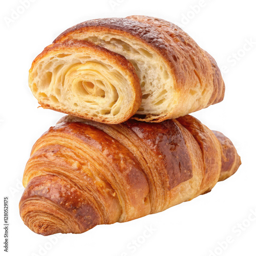 Two Croissants Stacked isolated on Transparent Background Freshly Baked Croissants with Flaky Layers