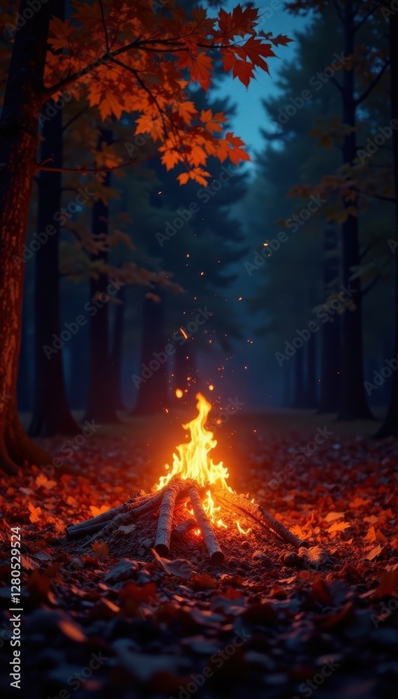 Obraz premium Bright orange embers glow in the dark autumn night , trees, november