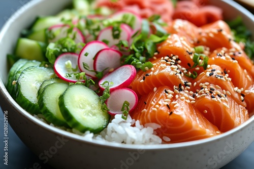 Fresh Salmon Poke Bowl Served With Vegetables and Rice in a Stylish Bowl