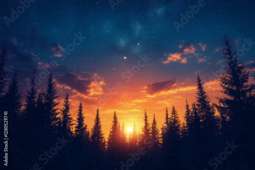 Stunning Sunset Over a Forest With Silhouettes of Pine Trees and a Starry Sky...