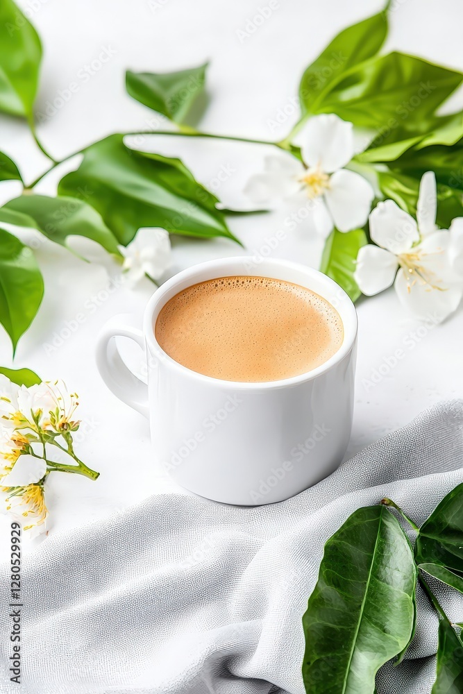 Freshly Brewed Coffee in a White Cup Surrounded by Green Leaves