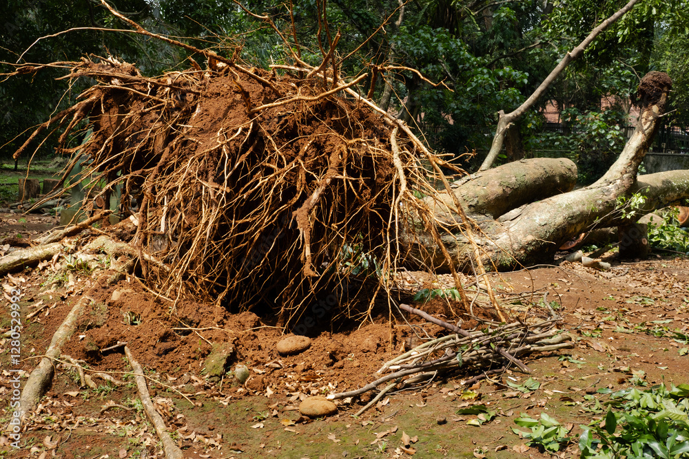 A massive fallen tree with its exposed roots uprooted from the ground, showcasing the power of nature and environmental change A massive fallen tree with its exposed roots uprooted from the ground, showcasing the power of nature and environmental change