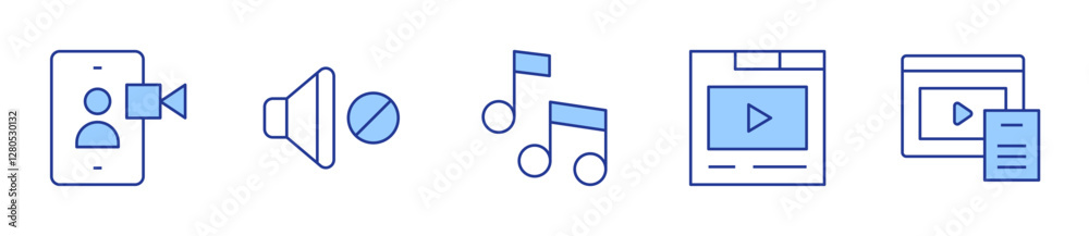video tutorial, mute, musical note, video, video call. Multimedia Icon vector illustration. Line Duotone style. Editable stroke video tutorial, mute, musical note, video, video call. Multimedia Icon vector illustration. Line Duotone style. Editable stroke