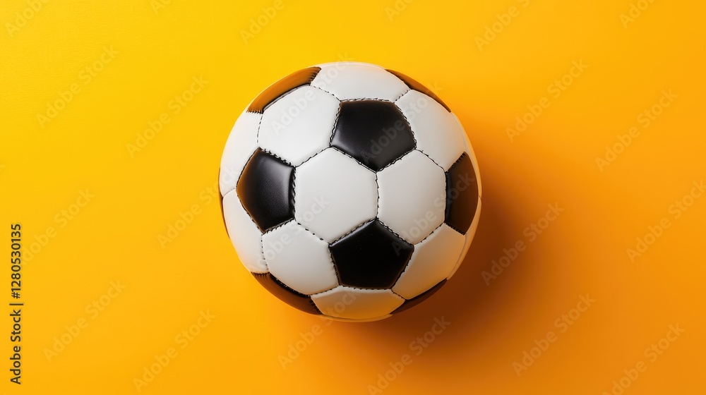 Naklejka premium Dynamic soccer ball scene, isolated top view, soft even lighting, bright and clean orange background.