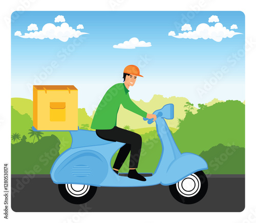 Online order tracking.  Delivery Worker Riding a Motorcycle Carrying a Package.