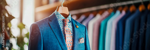 Elegance in Attire: Tailored Suit Display, Fashionable Design, Style Guide for sartorial inspiration and print advertisement.