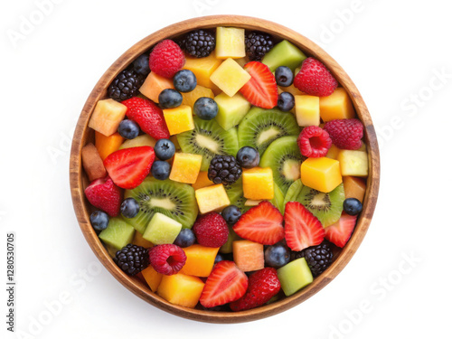 Colorful Fresh Fruit Salad in a Wooden Bowl - A fruit salad on a transparent white background