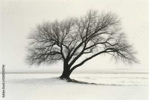 Winter Tree Stands Alone in a Snowy Landscape Under a Cloudy Sky