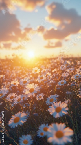 Bright Sunset Over a Field of Daisies Blooms in Golden Light and Gentle Clouds