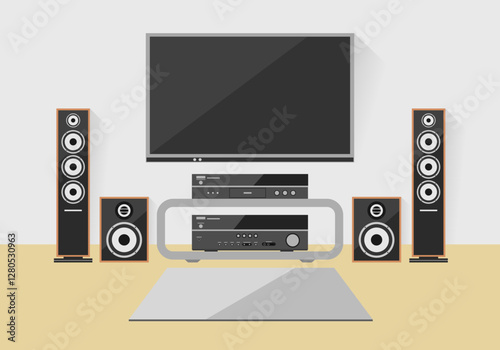 Home theater system with speakers and a TV. Flat design vector illustration.