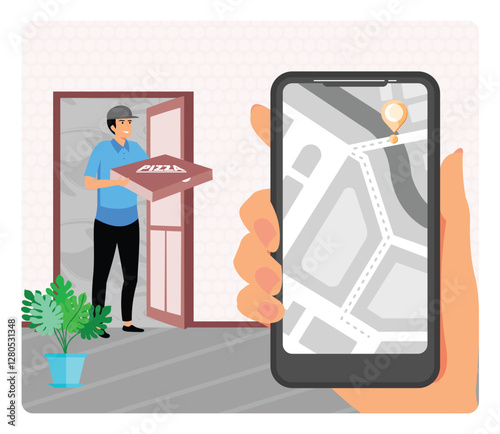 Pizza Delivery and Mobile Navigation Tracking Concept With a Delivery Person.
