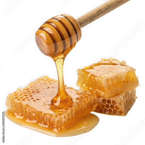 Dripping Honey on Honeycomb Dripping Honey on Wooden Dipper - Transparent Background 