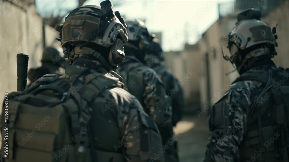 A group of special operation soldiers walking, Steady cam Shot cinematic. Daylight, 4k