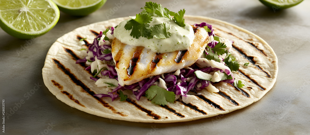 A grilled fish taco topped with cabbage slaw, lime crema, and fresh cilantro, served on a corn tortilla with lime wedges. A grilled fish taco topped with cabbage slaw, lime crema, and fresh cilantro, served on a corn tortilla with lime wedges.