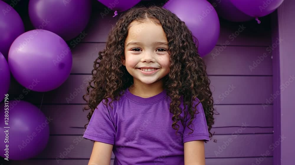 Child celebrates at a vibrant purple-themed party surrounded by balloons and joyful atmosphere in daytime