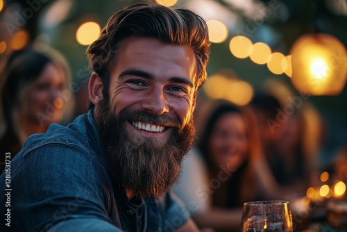 Charming Man Enjoying a Lively Outdoor Dinner Party Surrounded by Warm Lights...