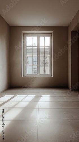 Bright and Spacious Room With Large Window Showcasing Sunlight and Clean Tile...