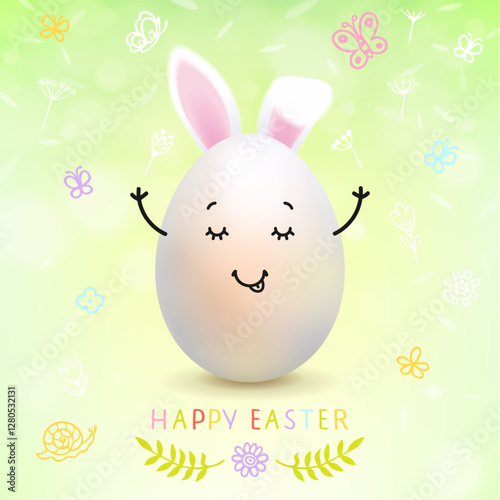 Easter Egg with Cartoon Face and Bunny Ears