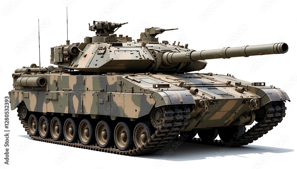 Camouflaged Military Tank on White Background Close Up for Military Concepts Generative AI Camouflaged Military Tank on White Background Close Up for Military Concepts Generative AI