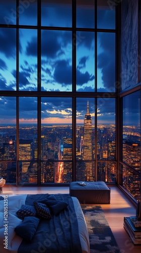 Night Skyline View of a City With Illuminated Buildings and a Cozy Bedroom in...