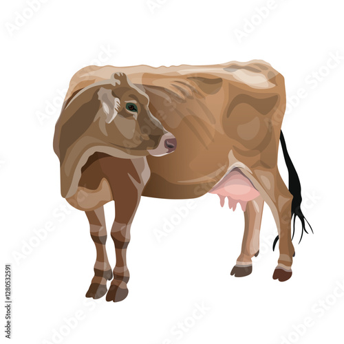 Grazing cow. Brown Swiss dairy cattle. Farm animals. Livestock. Vector Illustration isolated on a white background in a realistic style