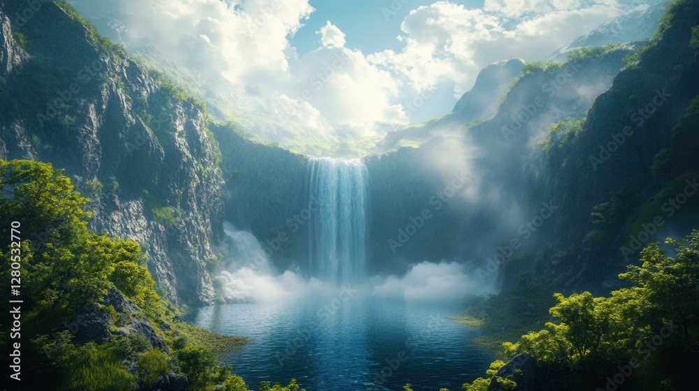Fototapeta premium Majestic Waterfall Cascading Into Tranquil Lake Surrounded by Nature