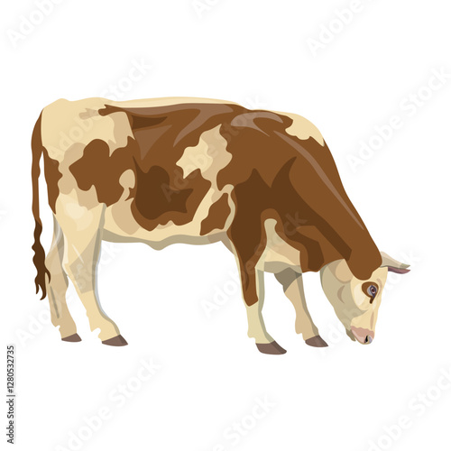 Red and white spotted grazing cow. Simmental cattle. Dairy animal. Vector Illustration isolated on a white background in a realistic style