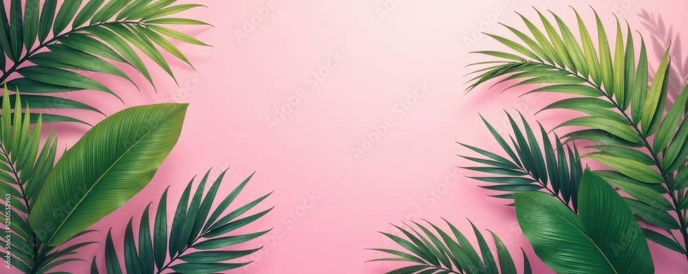 Pastel pink backdrop, lush colorful palm leaves, botanical art Sunny tropical vibe , decor, aesthetic, image Pastel pink backdrop, lush colorful palm leaves, botanical art Sunny tropical vibe , decor, aesthetic, image