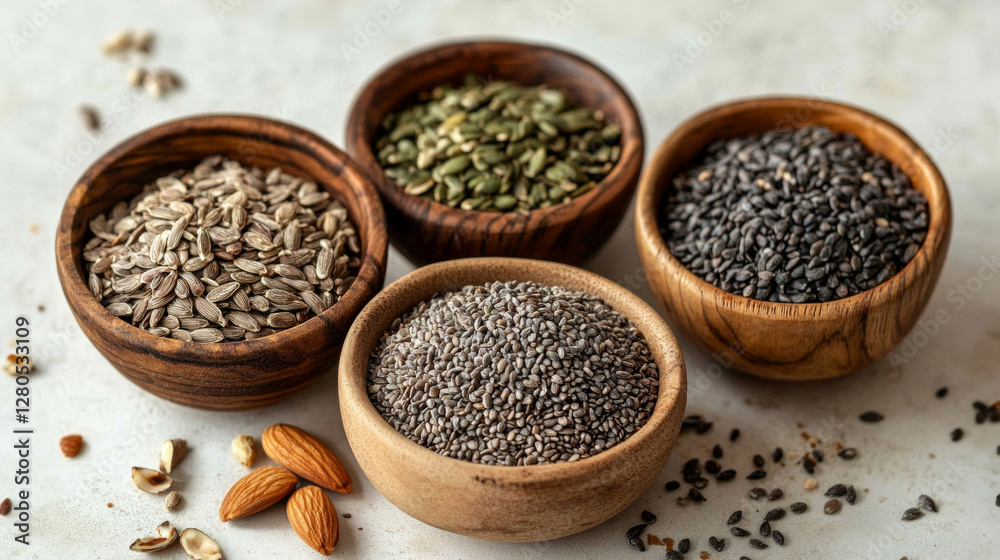 Variety of raw nuts and seeds displayed in wooden bowls on a neutral surface Variety of raw nuts and seeds displayed in wooden bowls on a neutral surface