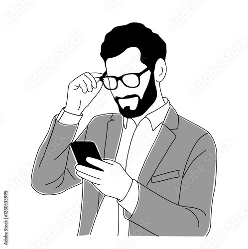 Businessman holding, using mobile phone. Handsome bearded male Character with device in hands. Man working, surfing internet, chatting, texting. Vector outline drawing isolated