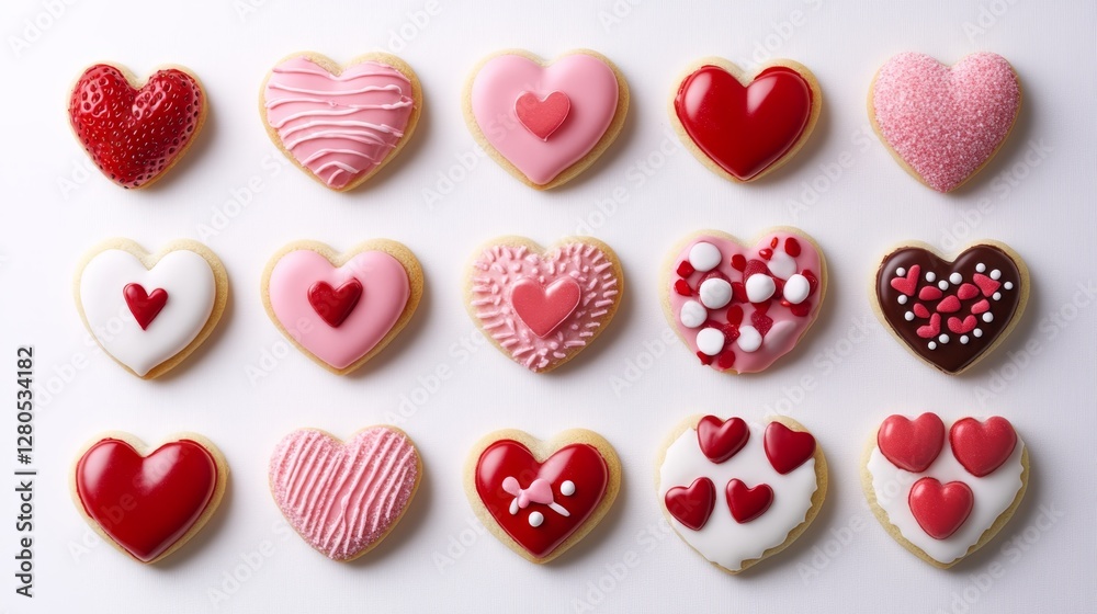 Valentine's day heart-shaped cookies with red and pink icing on white background Valentine's day heart-shaped cookies with red and pink icing on white background