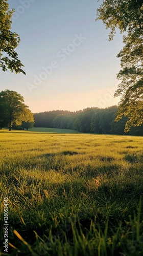 Lush Green Meadow Surrounded by Trees on a Sunny Day in a Tranquil Natural Se...