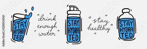 Stay hydrated hand drawn style illustration set