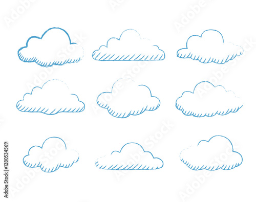 Nine different sketch clouds doodle collection. Sky background elements