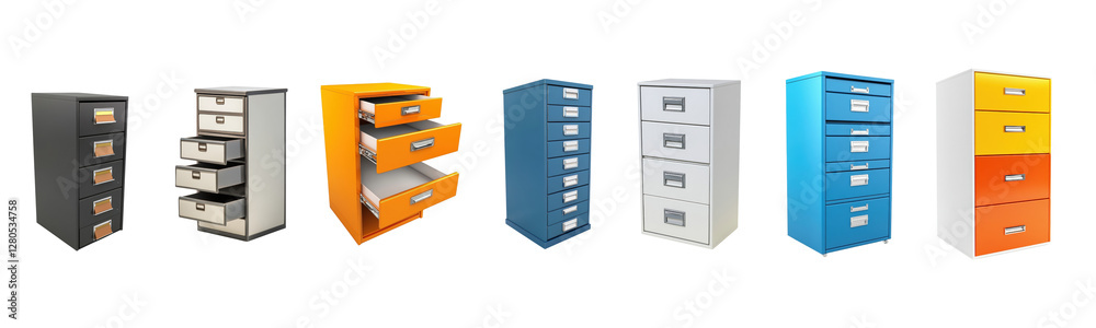 Collection of Six Unique Filing Cabinets in Various Colors Collection of Six Unique Filing Cabinets in Various Colors