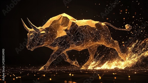 Golden Bull Running Dynamic Abstract Network Lines Art 3d dark bold power speed style animal market  photo