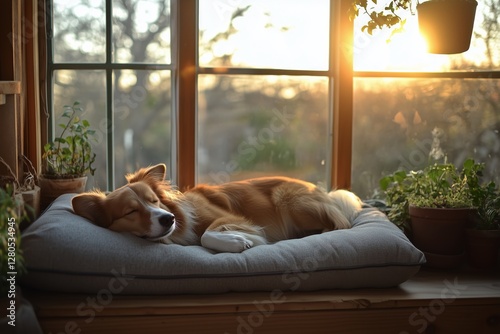 Dog Lounging Comfortably in a Sunlit Room Surrounded by Houseplants During a ...