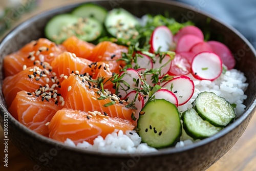 Fresh Salmon Poke Bowl Served With Vegetables and Rice in a Stylish Bowl