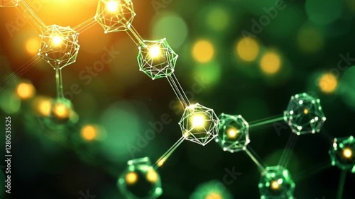 Abstract Green Molecular Structure with Glowing Elements and Light Flare Background