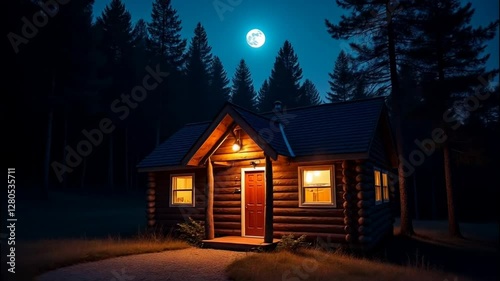 Cozy Log Cabin Illuminated by Warm Light Under a Bright Full Moon in a Pine Forest