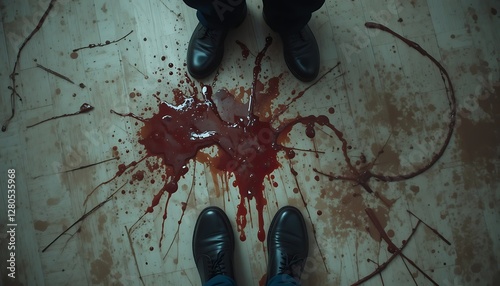 Crime Scene with Blood Spatter and Shoes on Tiled Floor Generative AI